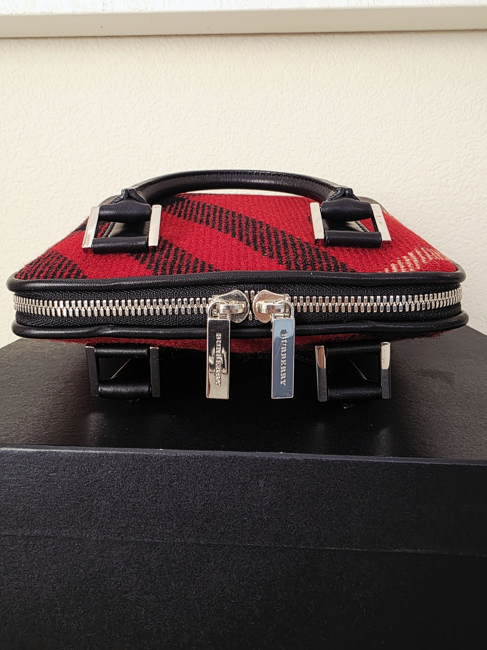 Burberry Red Black Tartan Wool & Genuine Leather Mini Handbag - Picture 6 of 16